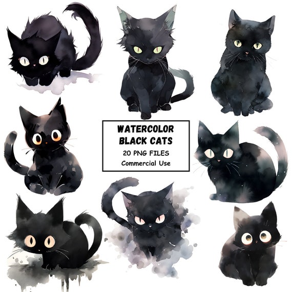 Watercolor Black Cats Clipart: 20 PNG Files, Commercial Use (Digital Download), Transparent Background