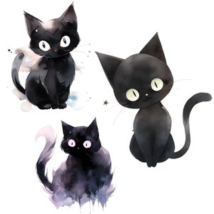 K&ouml;nnte beinhalten: Drei schwarze Aquarellkatzen in verschiedenen Posen. Die erste Katze sitzt mit ihrem Schwanz um ihren K&ouml;rper gewickelt. Die zweite Katze sitzt mit ihrem Schwanz hinter sich gewickelt. Die dritte Katze sitzt mit ihrem Schwanz um ihre Beine gewickelt.