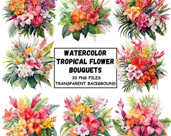 Acuarela Flores Tropicales Clipart Ramos PNG Formato Descarga Instantánea Para Uso Comercial Fondo Transparente