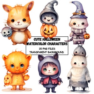 Watercolor Halloween Cute Characters Clipart Bundle of 20 - Transparent Background Digital Download PNG Graphics - Commercial Use