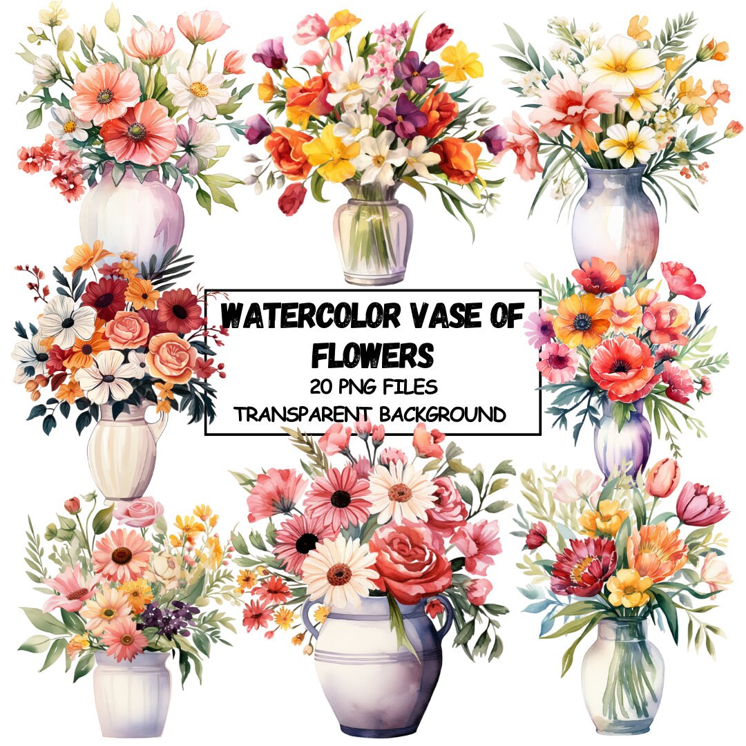 Watercolor Flower Vase Clipart: 20 PNG Floral Images (digital Download ...