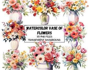 Watercolor Flower Vase Clipart: 20 PNG Floral Images (Digital Download)