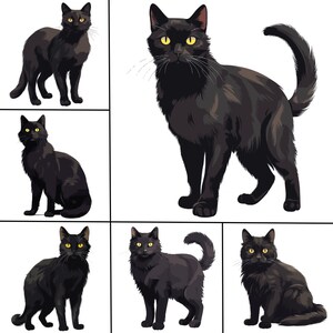 Peut inclure: Six chats noirs aux yeux jaunes sont pr&eacute;sent&eacute;s dans un collage. Les chats sont dans diff&eacute;rentes poses, y compris assis, debout et couch&eacute;s. Les chats sont tous noirs avec des yeux jaunes.