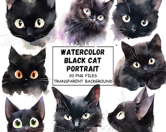 Watercolor Black Cat Portraits Clipart PNG Format Instant Download For Commercial Use Transparent Background