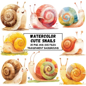 Schattig aquarel slak clipart 20 PNG en SVG illustratie transparante achtergrond kwekerij kleuterschool, Kids shirt, junk Journal, kaart maken