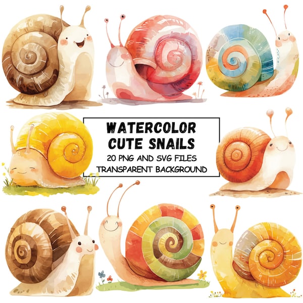 Cute Watercolor Snail Clipart 20 PNG And SVG Illustration Transparent Background Nursery Kindergarten, Kids Shirt, Junk Journal, Card Making