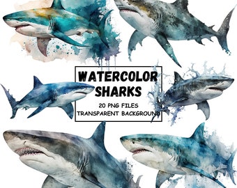 Watercolor Sharks Clipart, Great White Shark, 20 Files Bundle In PNG Format Instant Download For Commercial Use Transparent Background