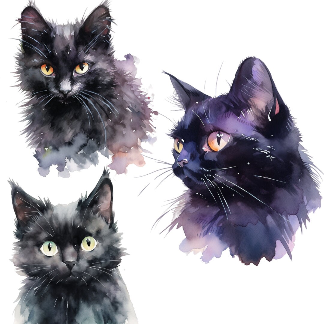 Watercolor Black Cat Portraits Clipart PNG Format Instant Download for ...
