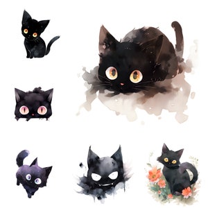 K&ouml;nnte beinhalten: Sechs Aquarell-Illustrationen von schwarzen Katzen mit verschiedenen Gesichtsausdr&uuml;cken. Die Katzen sind in verschiedenen Posen, einige schauen den Betrachter an, andere schauen weg und einige sind zusammengerollt. Die Illustrationen sind in einem weichen, verspielten Stil gehalten.