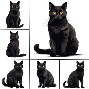 Peut inclure: Six chats noirs aux yeux jaunes sont assis dans diff&eacute;rentes poses. Les chats sont tous tourn&eacute;s vers l'avant et ont les oreilles dress&eacute;es.