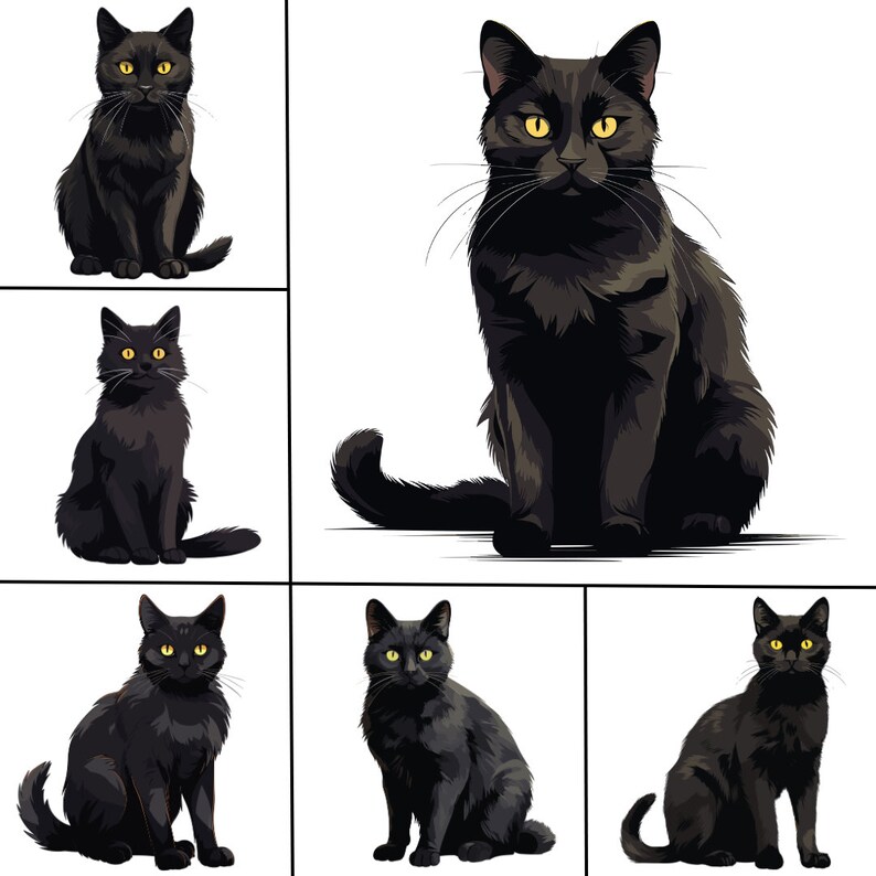 Peut inclure: Six chats noirs aux yeux jaunes sont assis dans diff&eacute;rentes poses. Les chats sont tous tourn&eacute;s vers l'avant et ont les oreilles dress&eacute;es.