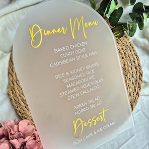 Menu pour dîner d'événement, Choix de menu de mariage, Signalétique en acrylique, Panneaux de mariage assortis, Acrylique dépoli, Planification de mariage, Occasion spéciale