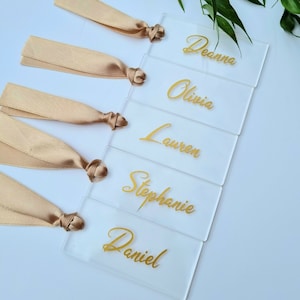 Segnaposto per matrimonio, acrilico, segnaposto personalizzati, acrilico trasparente, nastro aggiunto, impostazioni del posto rettangolari, evento speciale, su misura