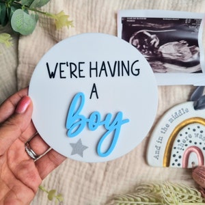 Gender Reveal Disc, doppelseitig, Wir haben ein Mädchen, Wir haben einen Jungen, Geschlechtsankündigungsplakette, Baby Reveal, Geburtsankündigung