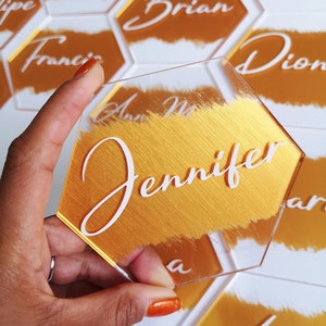 Wedding Place Names, Wedding Stationary, Hexagon, Acrylic,  Wedding Items, Personalised Place Names, Bride to be, Hand painted, Gold & White