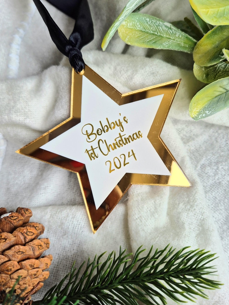 Personalized First Christmas Ornament: Mirrored Gold Star Tree Decor - Etsy