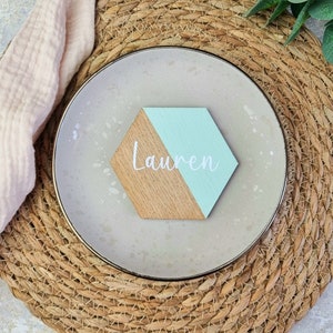 Wedding Place Names, Wooden Hexagon Name Settings, Seating Table Place Name, Favours, Sage Green, White, Personalised Event Decorations