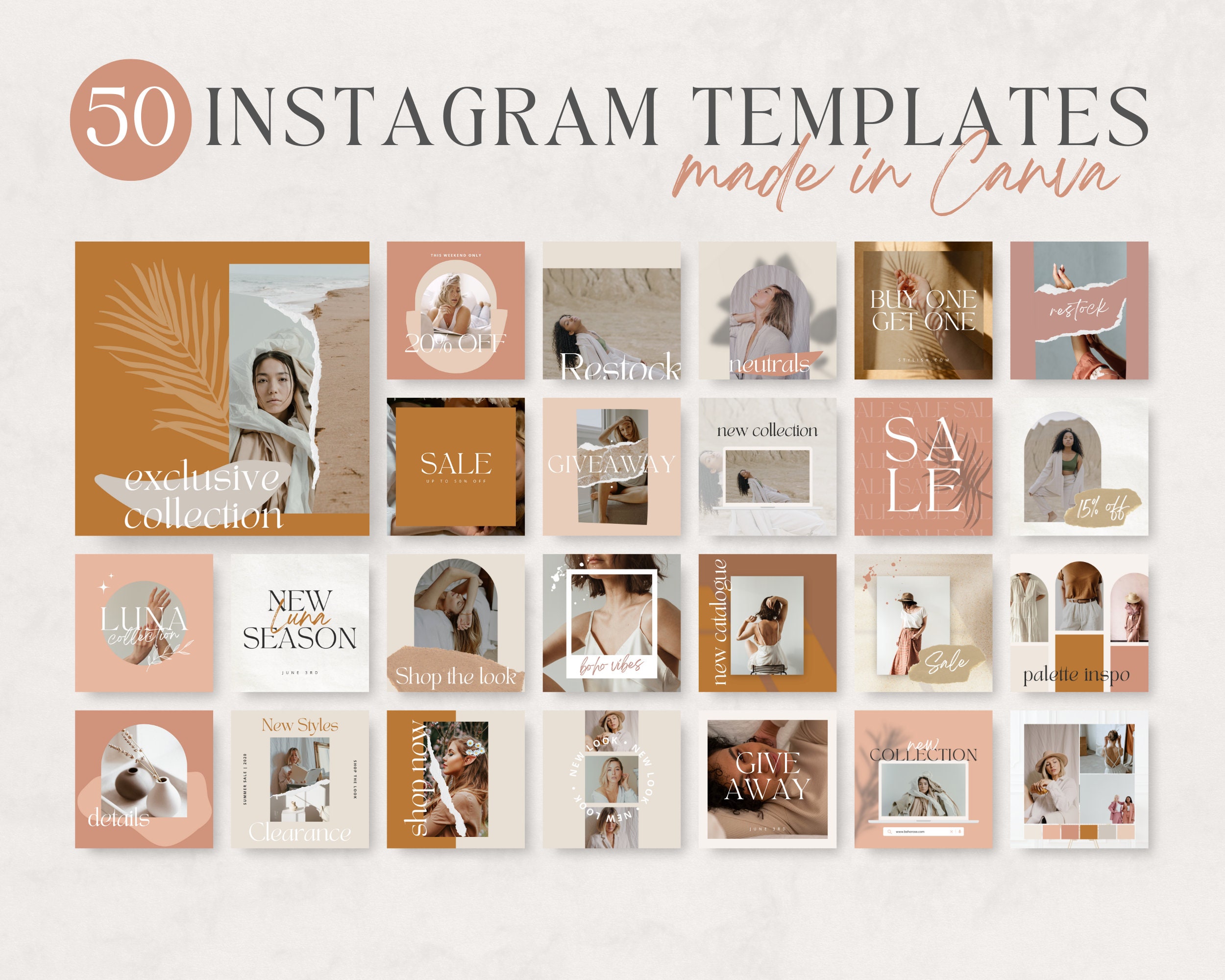 50 Instagram Templates Made in Canva Boho Rose Set of - Etsy