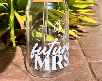 Future Mrs./ Mr. Engagement Gift, Couple's Gift, Bride to Be Glass with Bamboo Lid and Glass Straw