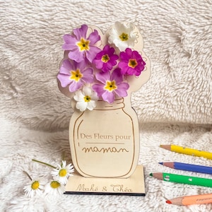 Carte Support Bouquet de Fleurs en Bois - personnalisée personnalisable prénom enfant - Maman Mamie Maitresse Nounou Atsem Grand Mère