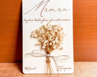 Carte en Bois à message - Fleurs Séchées - personnalisée - Cadeau Fête des Mères - Maman