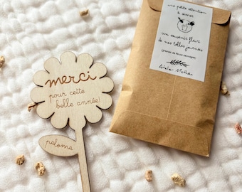 Cadeau nounou / maîtresse / atsem : Kit Graines + Fleur en Bois - Marguerite Fleurs bois personnalisable personnalisé fin d'année scolaire