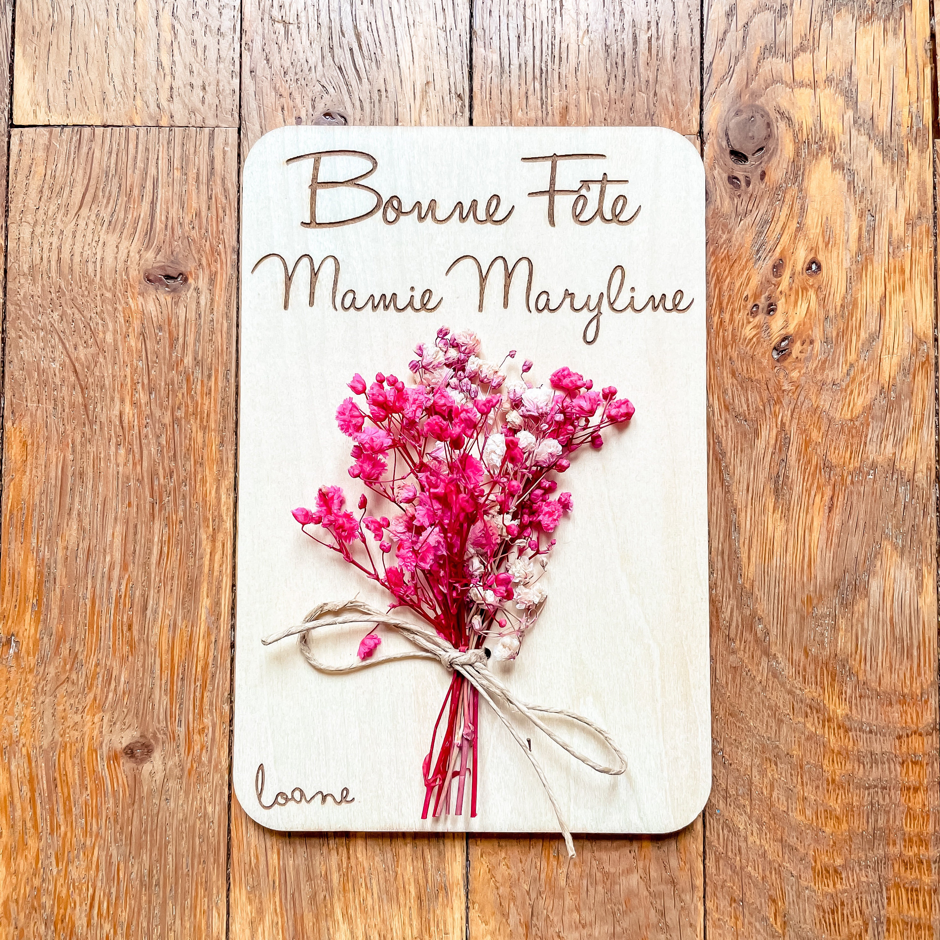 Carte en Bois à Message - Fleurs Séchées Personnalisée Cadeau Mamie Fête Des Grands-Mères