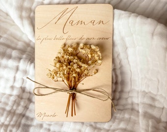 Carte en Bois à message - Fleurs Séchées - personnalisée - Cadeau Fête des Mères - Maman