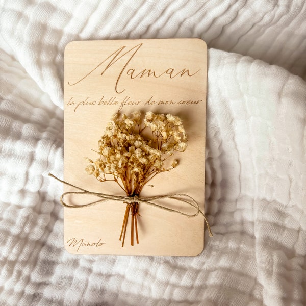 Carte en Bois à message - Fleurs Séchées - personnalisée - Cadeau Fête des Mères - Maman