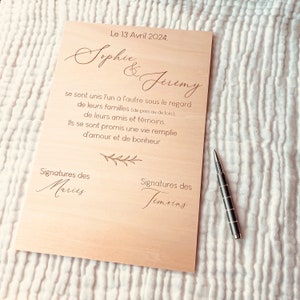 Certificat de Mariage / Cérémonie Laïque, Union et PACS, gravure en bois personnalisé