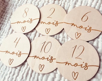 Cartes étapes bébé en bois gravées – Set photo 1ère et 2ème année + carte prénom – Cadeau naissance personnalisé