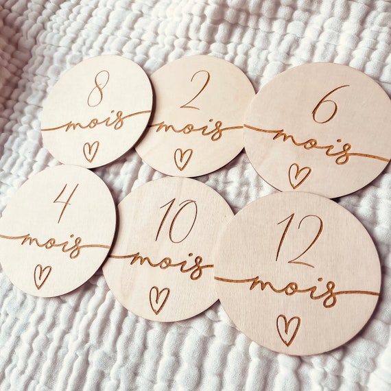Cartes étapes bébé en bois gravées – Set photo 1ère et 2ème année + carte prénom – Cadeau naissance personnalisé