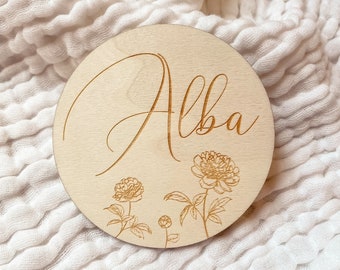 Welcome Hello Card for Baby in Wood - customizable personalized birth peony