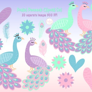 Pastel Peacock Clipart - Peacock Clipart - Peacock png - Heart Clipart - Peacock Feather Clipart - Feather Clipart- Fichier numérique