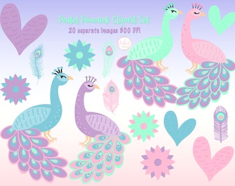 Pastel Peacock Clipart - Peacock Clipart - Peacock png - Heart Clipart - Peacock Feather Clipart - Feather Clipart- Digital File