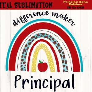 Koszulka Difference Maker Principal Sublimacja - Boho Rainbow Clipart - Koszulka Back To School Transfer - Ręcznie Rysowane Clipart - PLIK CYFROWY