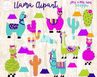 Llama Clipart - Neon Lama Illustraties - Kleurrijke Lama Illustraties - Cactus Illustraties - Lama en Cactus Clipart - Neon Cactus - Digitaal Bestand