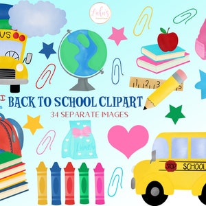 Terug naar school clipart - school clipart - school bus clipart - boek clipart - globe clipart - handgetekend - digitaal bestand