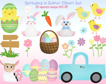 Veren in Pasen Clipart - Pasen Clipart - Konijn Clipart - Chick Clipart -Water Color Easter Egg Clipart - DIGITAAL BESTAND