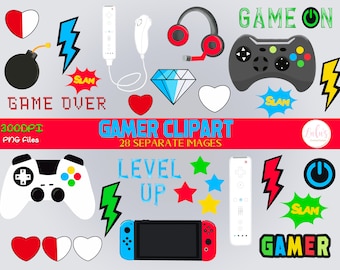 Gaming Clipart - Gamer Clipart -Game On Clipart - Gaming Remote Clipart - Gaming Headphones Clipart-Digital File