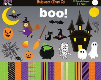 Halloween Clipart - Halloween Paper - Ghost Clipart- Jack-O-Lantern Clipart - Witch Clipart - Black Cat Clipart - DIGITAL FILE