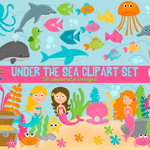 Under The Sea Clipart - Ocean Life Clipart - Mermaid Clipart - Fish Clipart -Shark Clipart - Dolphin Clipart -Digital File