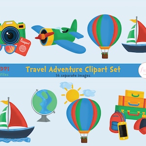May include: A set of 14 travel-themed clipart images, including a camera, passport, airplane, hot air balloon, sailboat, globe, sun, luggage, backpack, phone, and hat. The images are in a cartoon style and are perfect for use in digital scrapbooking, card making, and other craft projects.