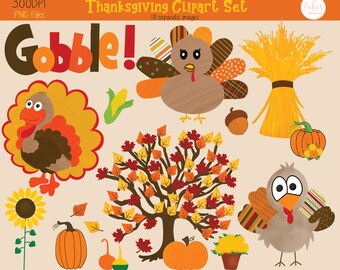 Thanksgiving Clipart - Turkey Clipart - Pumpkin Clipart - Fall Tree Clipart - Gobble Gobble Clipart - Thanksgiving Tshirt - DIGITAL FILE