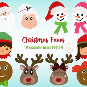 Christmas Faces Clipart - Santa Face Clipart - Snowman Face Clipart - Christmas Heads Clipart -  Reindeer Face Clipart - DIGITAL FILE
