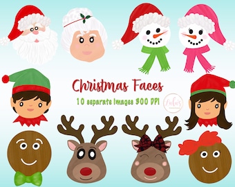 Christmas Faces Clipart - Santa Face Clipart - Snowman Face Clipart - Christmas Heads Clipart -  Reindeer Face Clipart - DIGITAL FILE