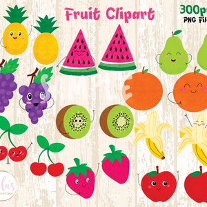 Fruit Clipart - Cute Fruit with Faces Clipart -  Kawaii Clipart - Strawberry - Apple - Orange - Banana - Pineapple - Pear - DIGITAL