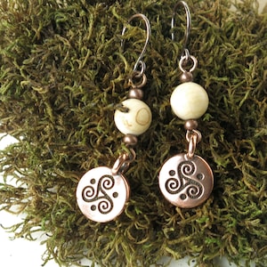 White Irish stone earrings - copper triskel & authentic Ulster marble beads triskelion symbol