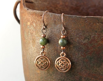 Copper earrings Celtic knot & green Irish Connemara marble