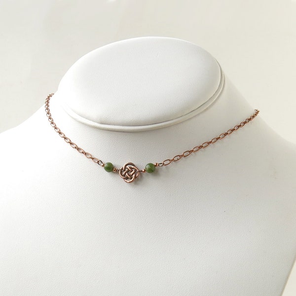Celtic jewelry, Irish green Connemara marble stones, copper Celtic knot, delicate choker, Celtic necklace